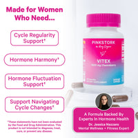 Pink Stork Vitex supplement bottle with text highlighting benefits on a white background