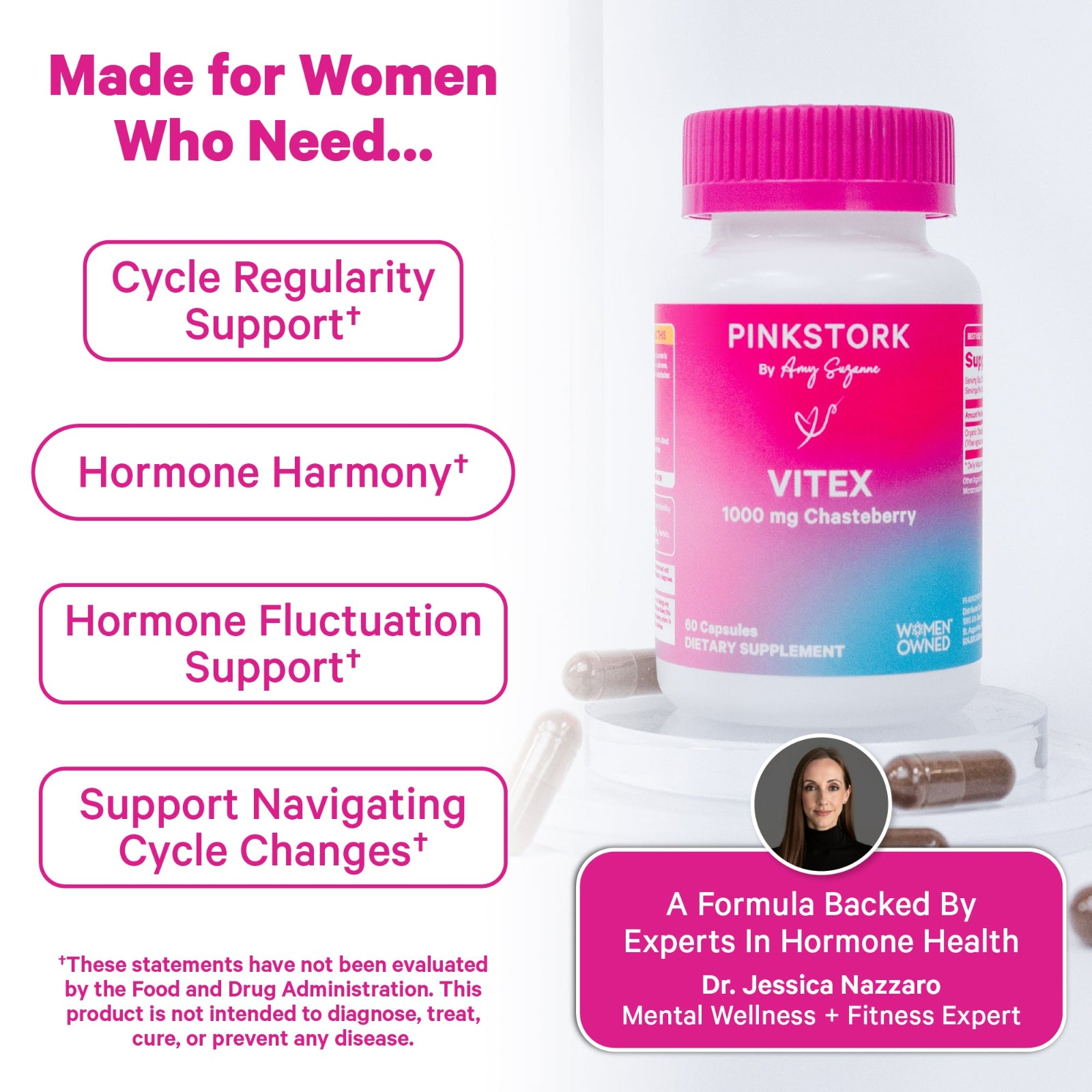 Pink Stork Vitex supplement bottle with text highlighting benefits on a white background