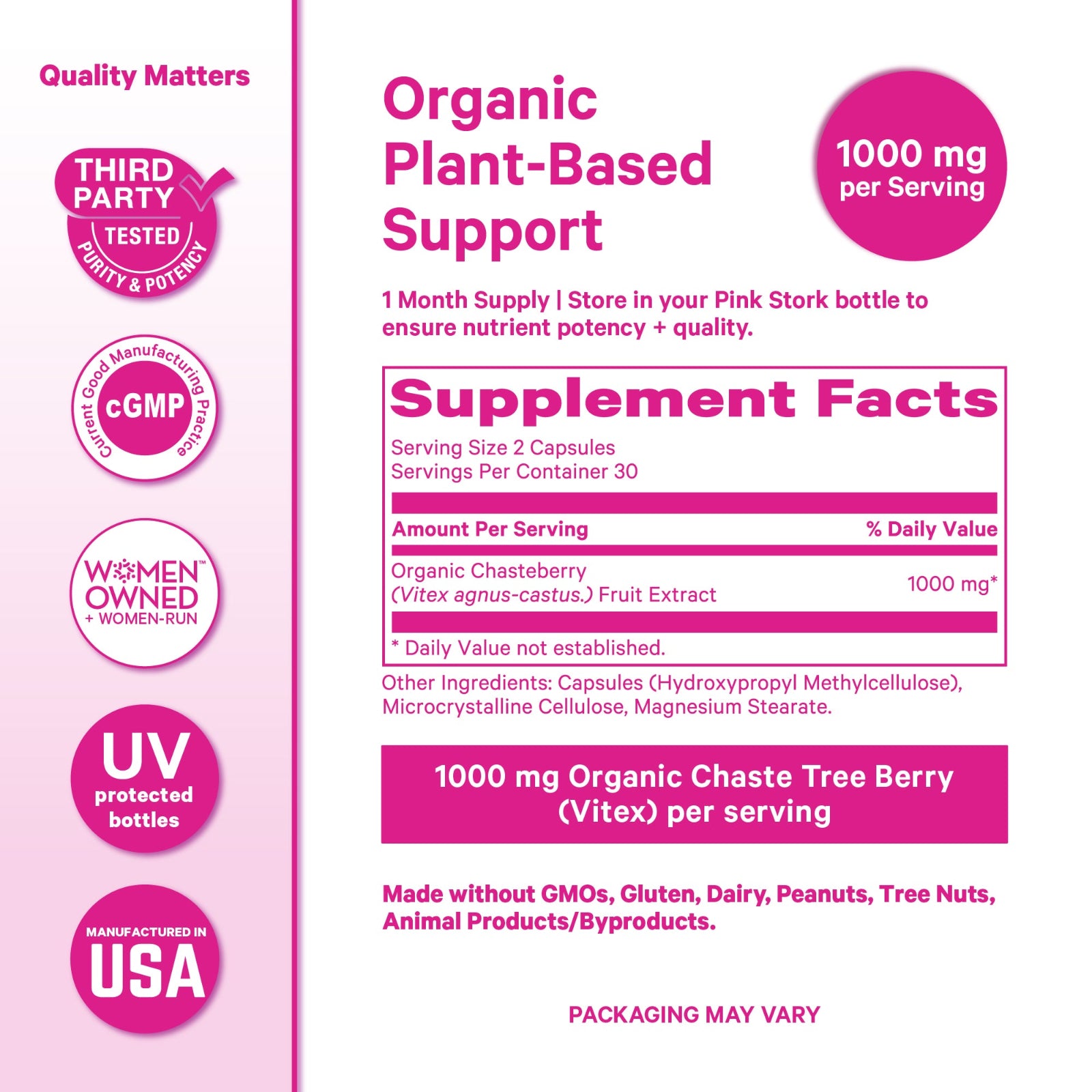 Supplement label with organic plant-based support, 1000 mg per serving, and various certification logos on a pink background.