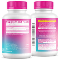 Two supplement bottles with pink caps and labels on a white background