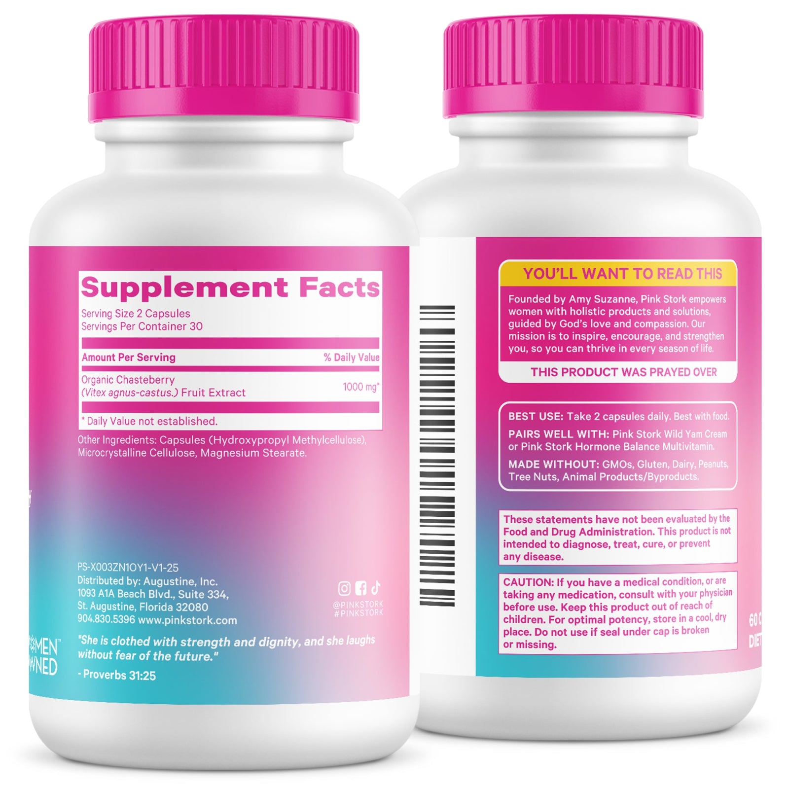 Two supplement bottles with pink caps and labels on a white background