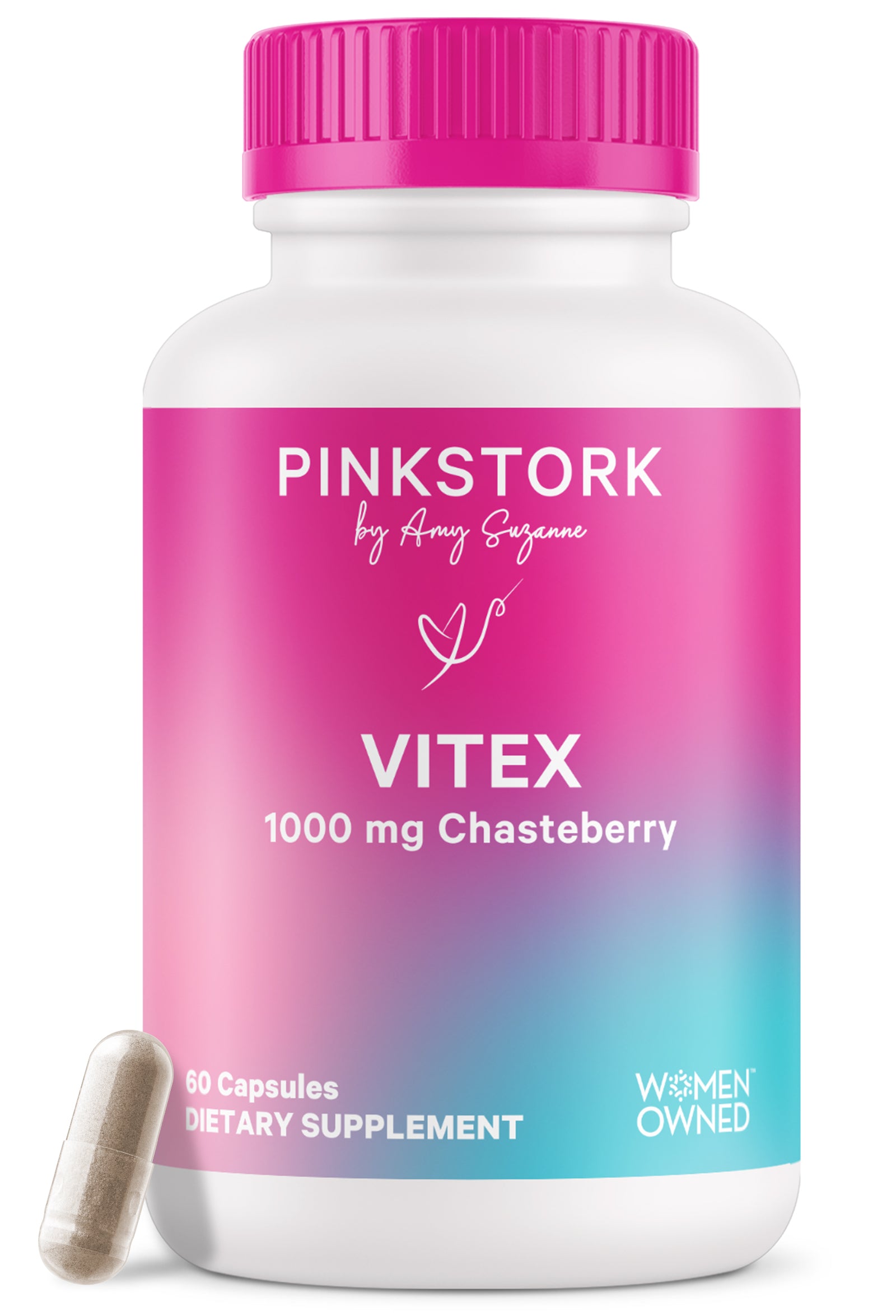 A bottle of Pink Stork Vitex 1000 mg Chaste Berry capsules, indicating the product is a dietary supplement for women's health.