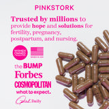 Pile of vitamin capsules. List of logos of press that Pink Stork has been featured in.