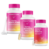 Pink Stork Wellness Regimen. Includes: Total Monolaurin, Women's Health Probiotic, Total Women's Multi.