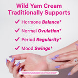 Hand rubbing cream on inner wrist. Wild Yam Cream traditionally supports hormone balance, normal ovulation, period regularity, and mood swings.