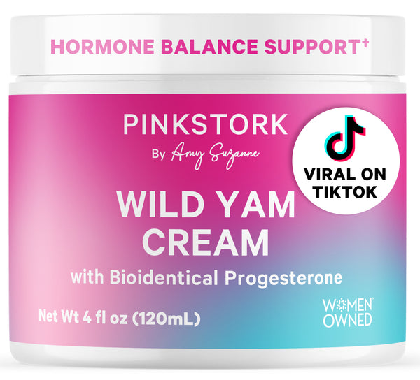 Pink Stork Wild Yam Cream jar with pink and blue gradient on a white background