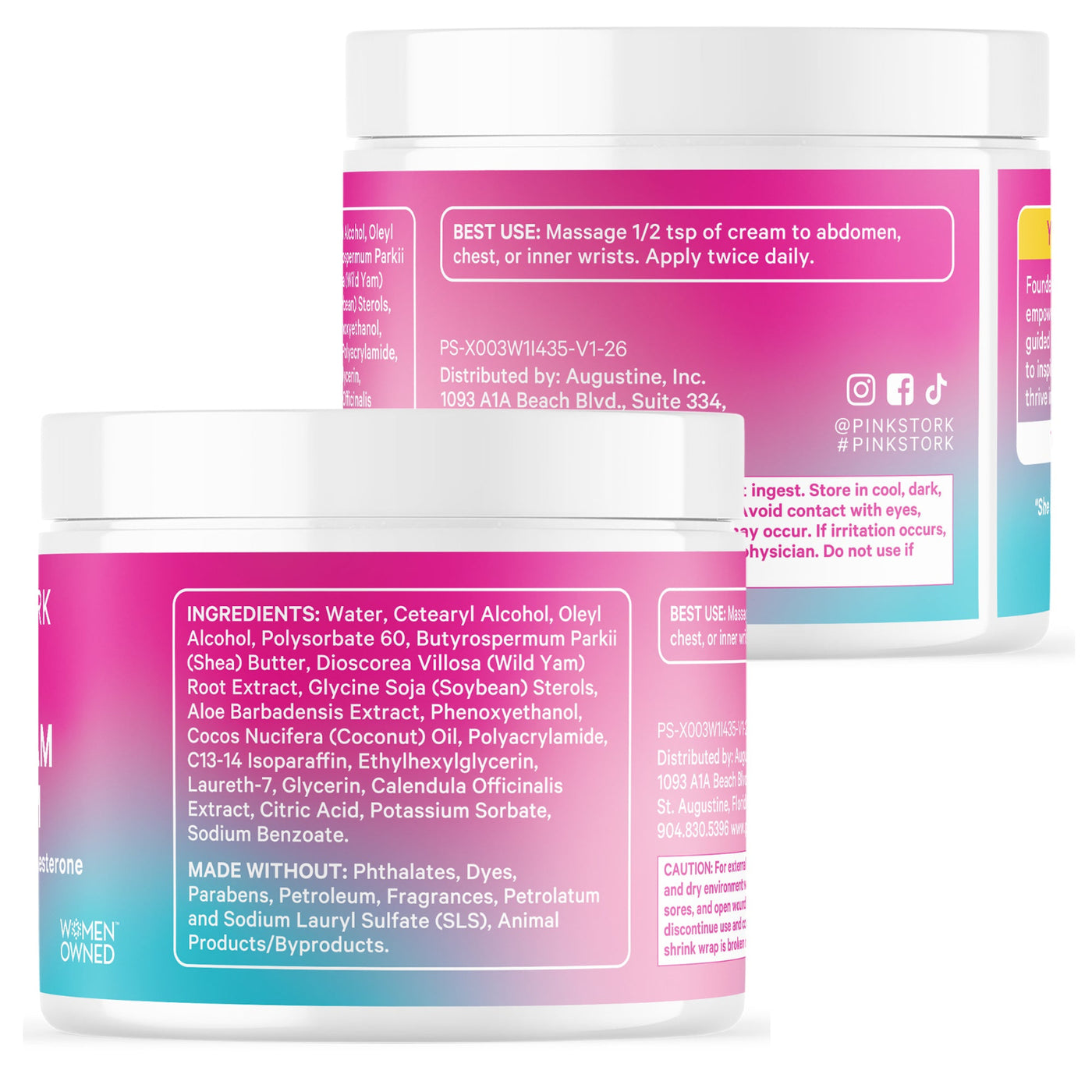 Two jars of a product with pink and white labels on a white background