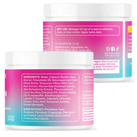 Two jars of a product with pink and white labels on a white background