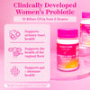 Pink Stork Women's Health Probiotic with another Pink Stork product in the background. Clinically developed women's probiotic - 10 billion CFUs from 5 strains. List of benefits.