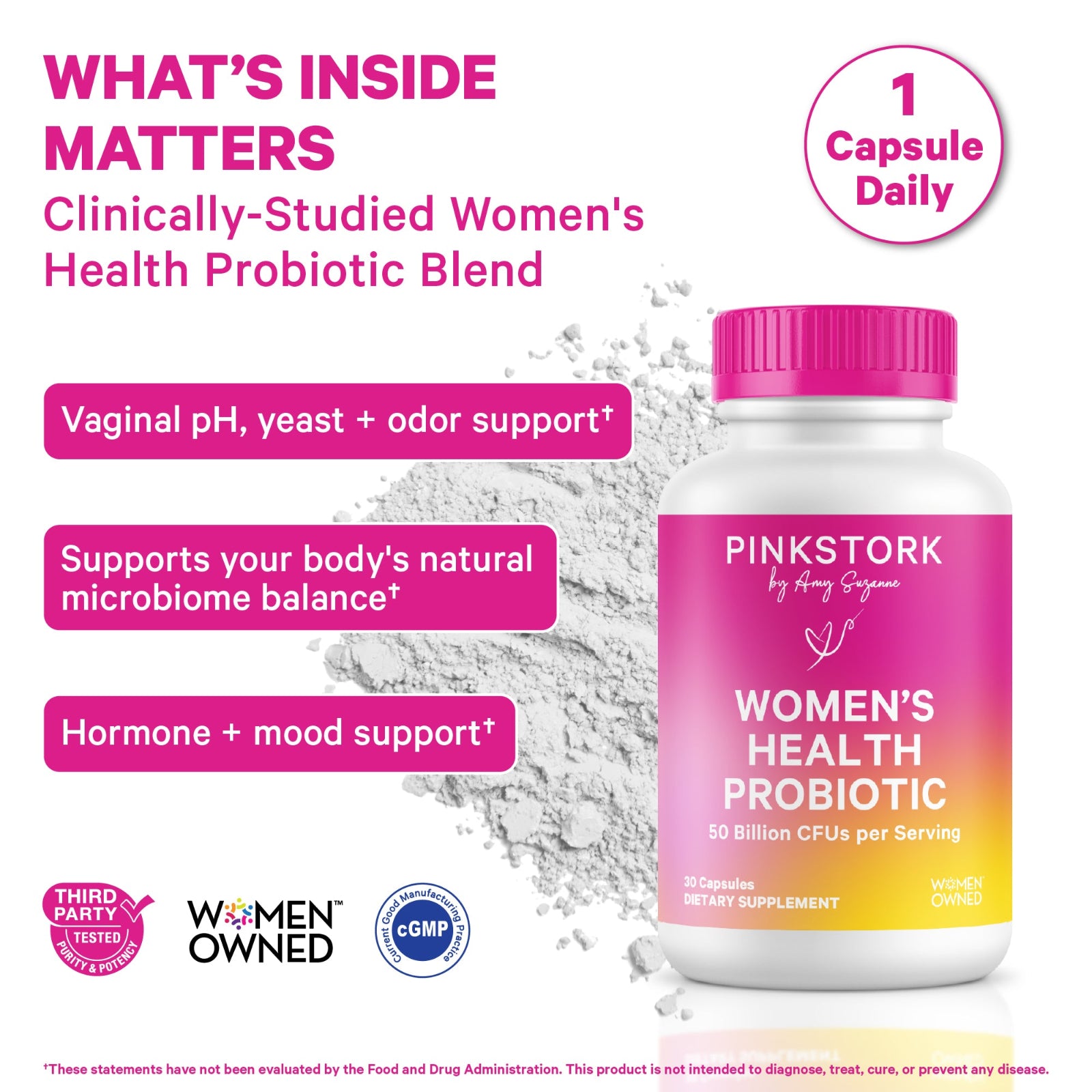 Pink Stork Women's Health Probiotic bottle with text highlighting benefits on a white background