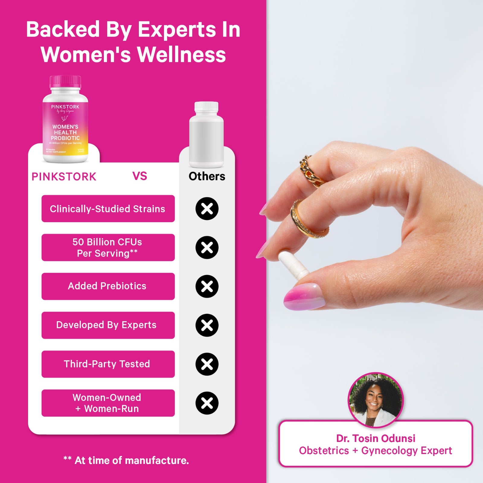Comparison chart between Pink Stork and other products in women's wellness, with a hand holding a product.