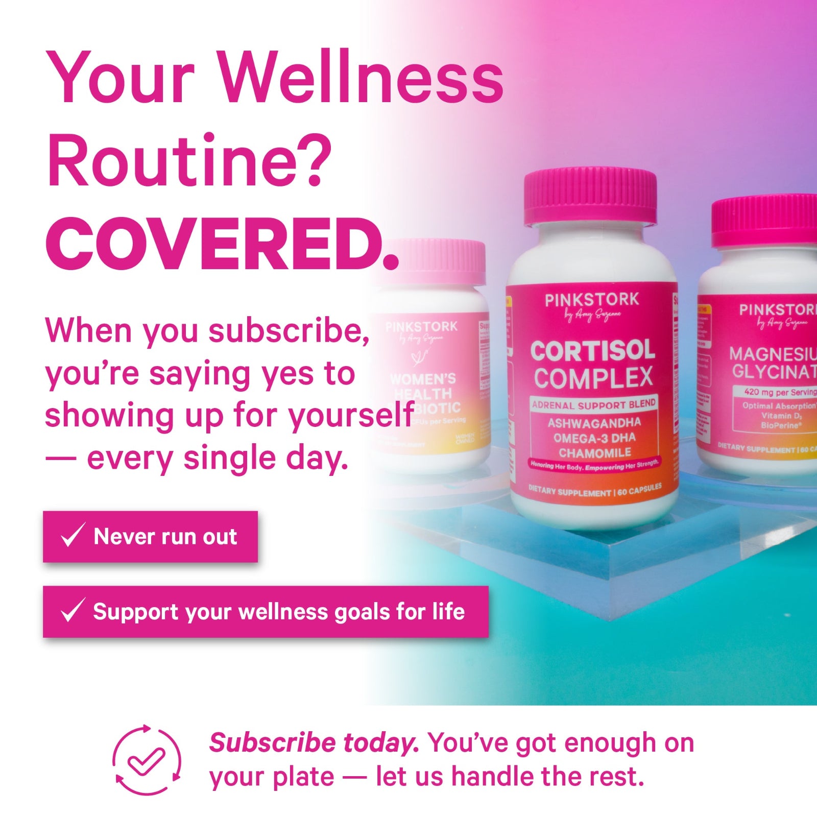 Pink Stork Cortisol Complex supplement bottles with promotional text on a gradient background