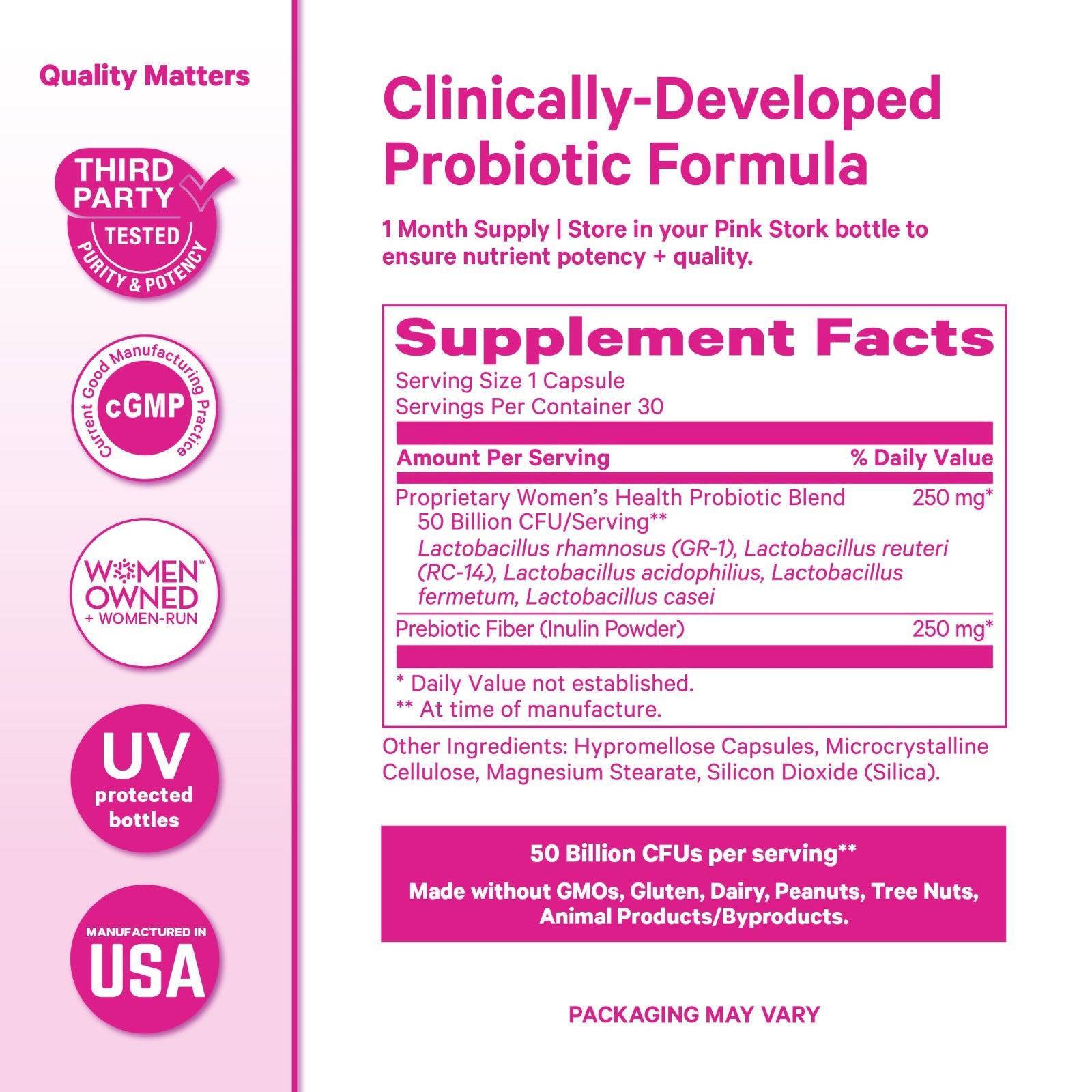 Supplement label for a clinically-developed probiotic formula with pink and white design.