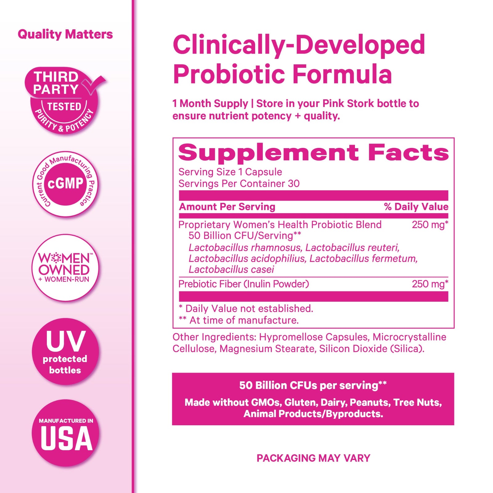 Supplement label for a clinically-developed probiotic formula with pink and white design.