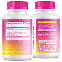 Two supplement bottles with pink caps and labels on a white background