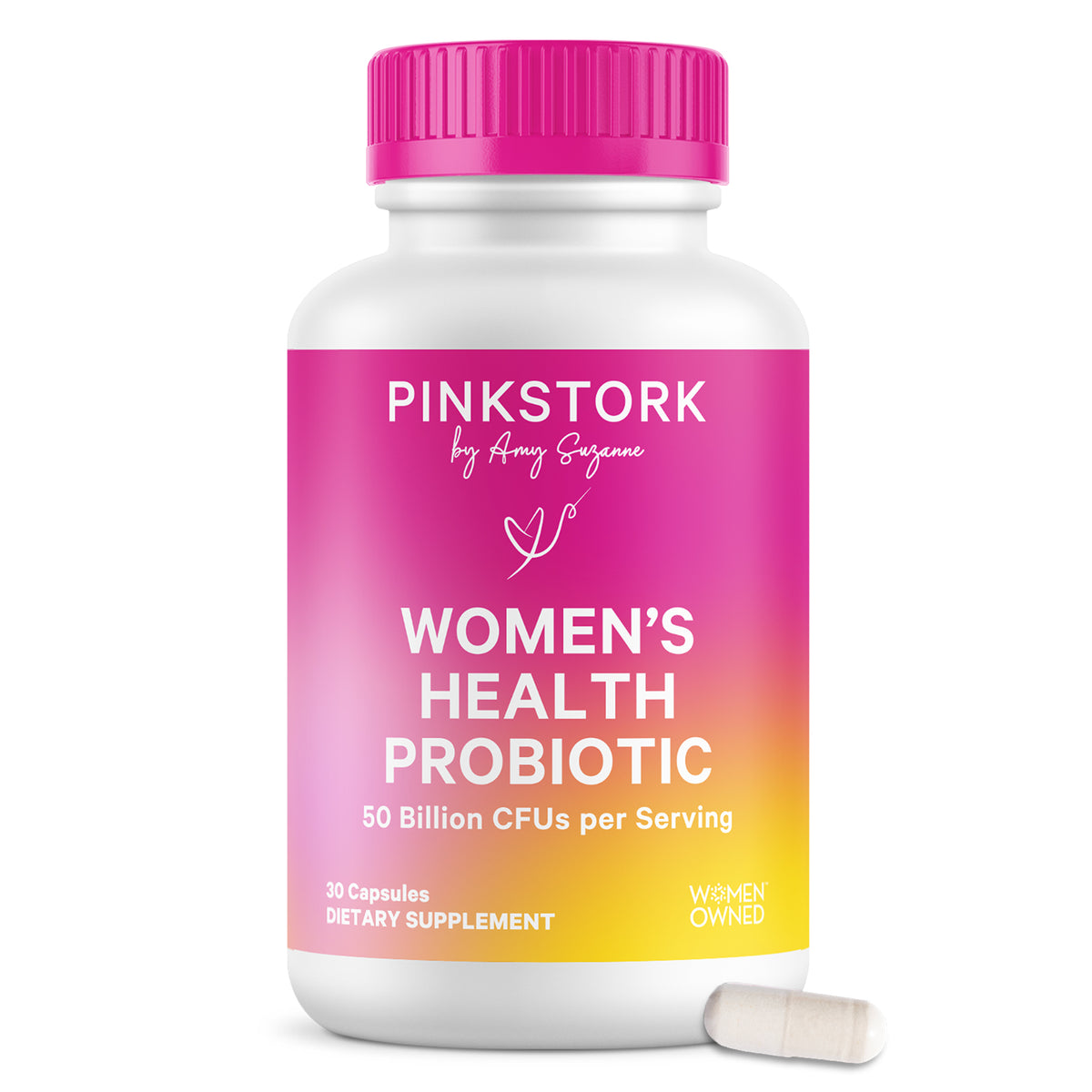 A white bottle of Pink Stork Women's Health Probiotic with a bright pink cap and a pink-to-yellow gradient label, shown on a white background with one capsule in front.