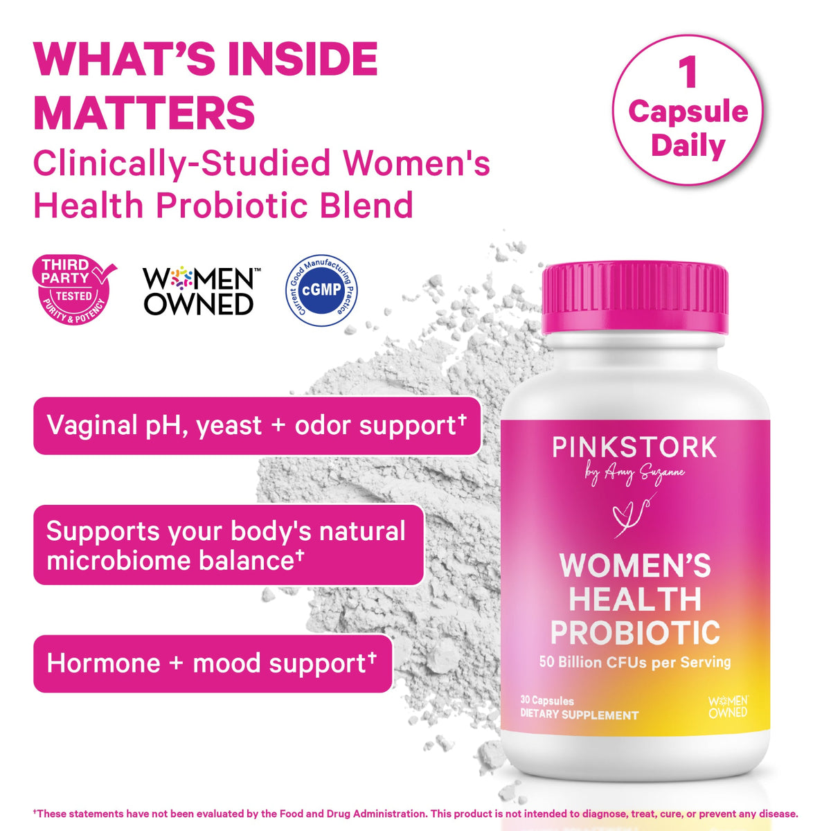 Pink Stork Women's Health Probiotic supplement bottle with a pink and orange label, shown next to white probiotic powder on a white background with promotional text and badges.