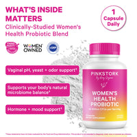Pink Stork Women's Health Probiotic supplement bottle with a pink and orange label, shown next to white probiotic powder on a white background with promotional text and badges.