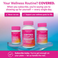 Promotional graphic for Pink Stork wellness supplements showing three pink supplement bottles on a clear acrylic stand against a pink-to-blue gradient background. Text at the top reads 'Your Wellness Routine? COVERED.