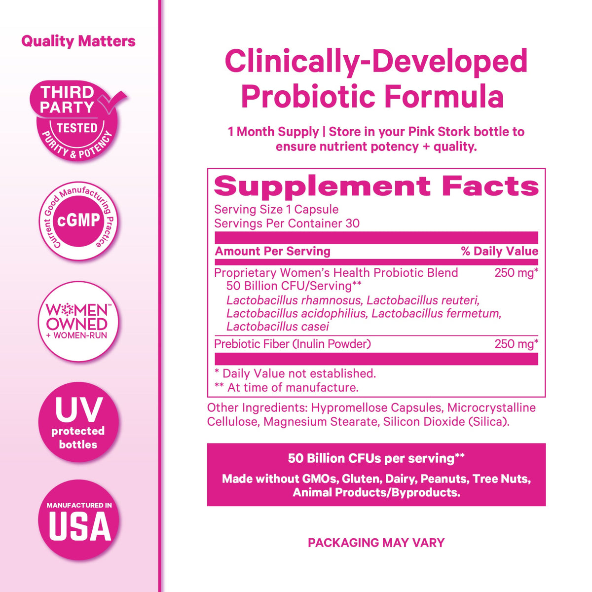 Pink and white graphic for a clinically-developed probiotic formula, featuring a supplement facts panel with text about probiotic blend and prebiotic fiber, plus quality badges on the left.