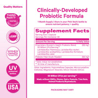 Pink and white graphic for a clinically-developed probiotic formula, featuring a supplement facts panel with text about probiotic blend and prebiotic fiber, plus quality badges on the left.