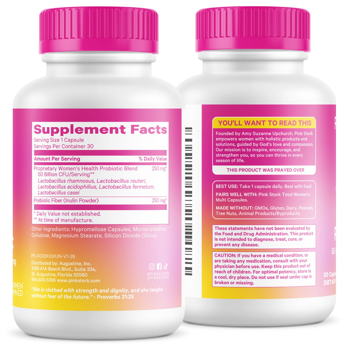 Two supplement bottles with pink caps and labels on a white background
