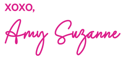 Pink signature-style text 'Amy Suzanne' on a white background with 'XOXO' above.