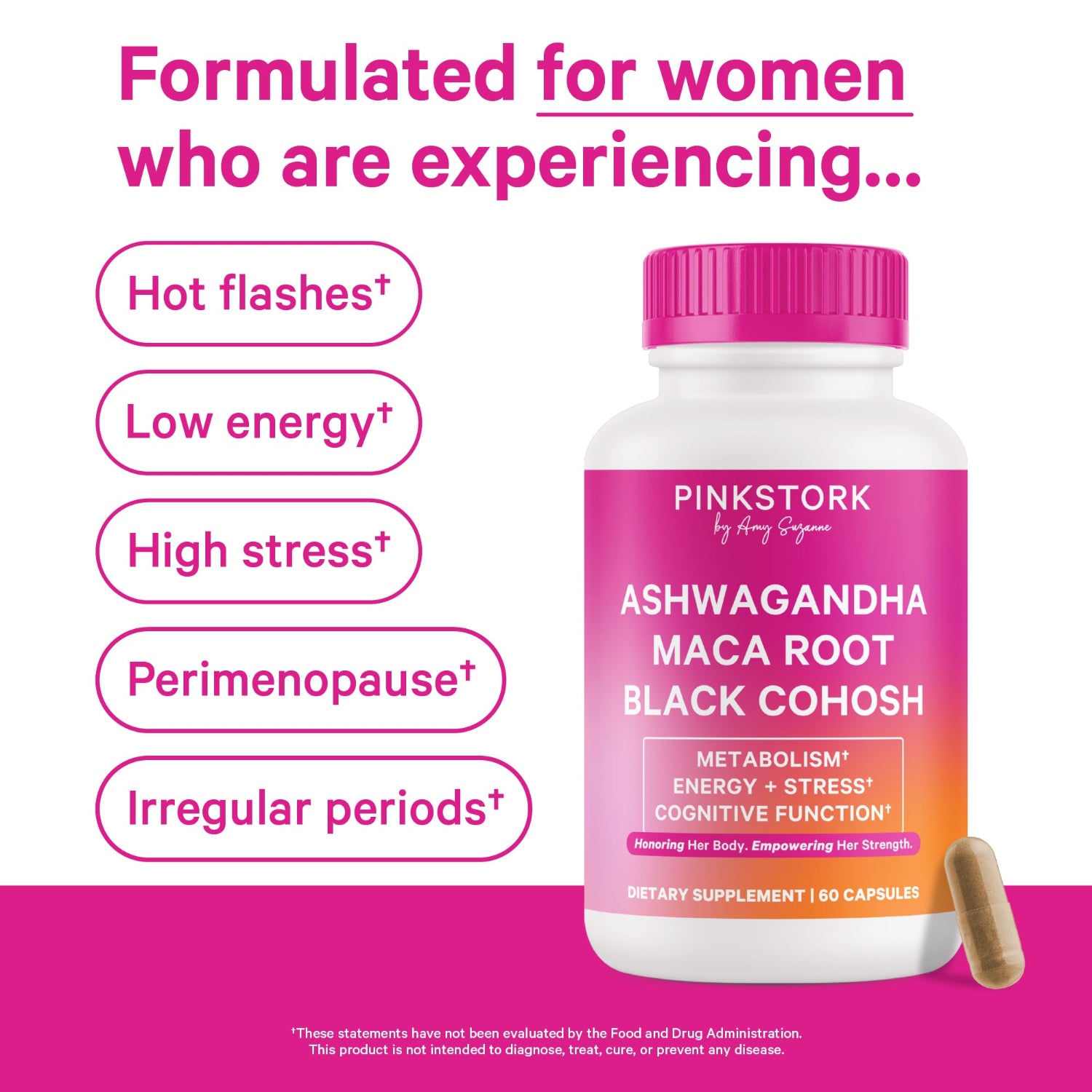 Supplement bottle labeled 'Pink Stork' with pink cap and label on a white background