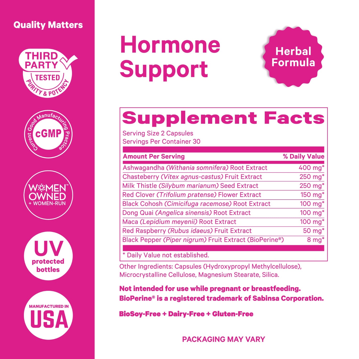 Supplement label for hormone support with various extracts on a pink background