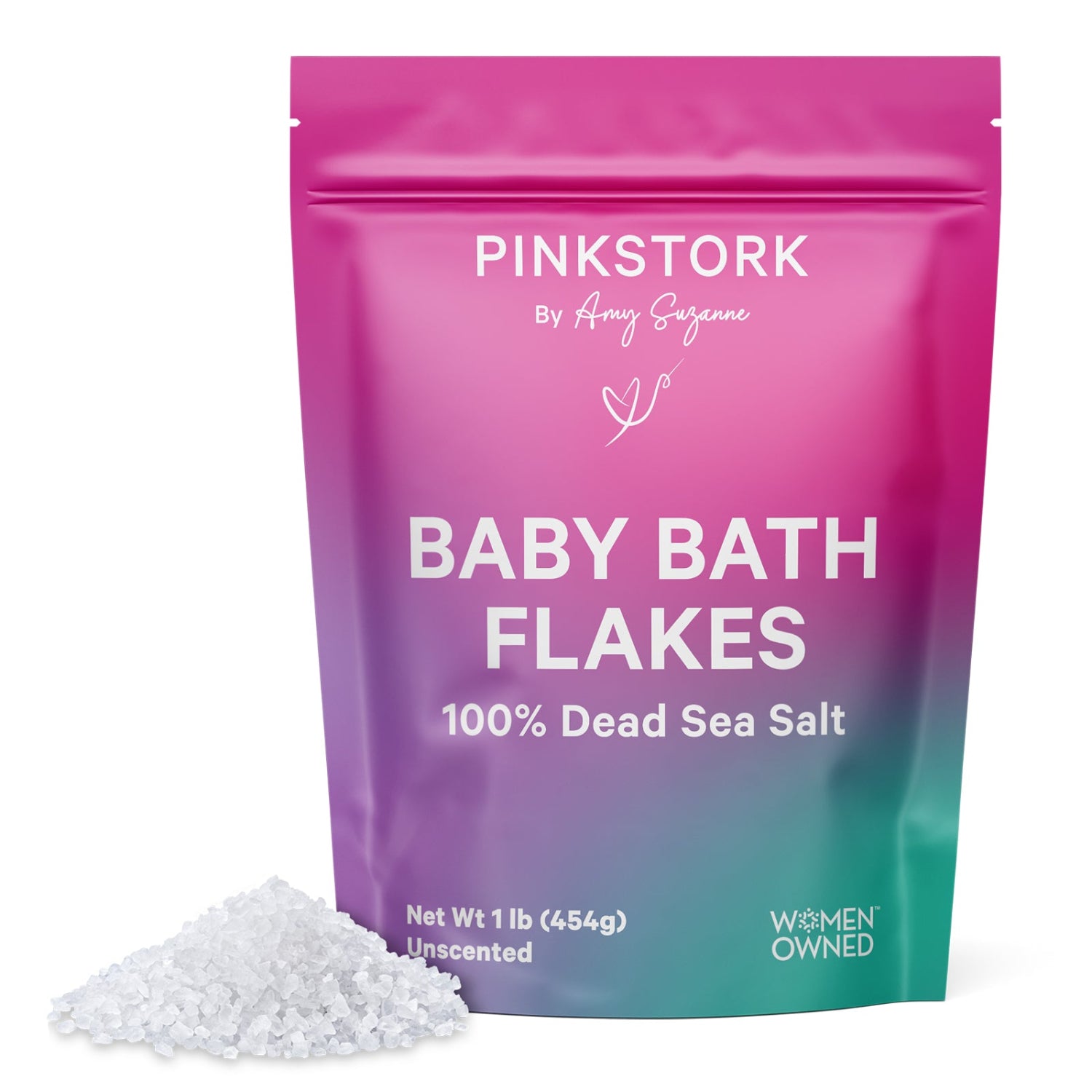 Pink Stork Baby Bath Flakes packaging on a white background