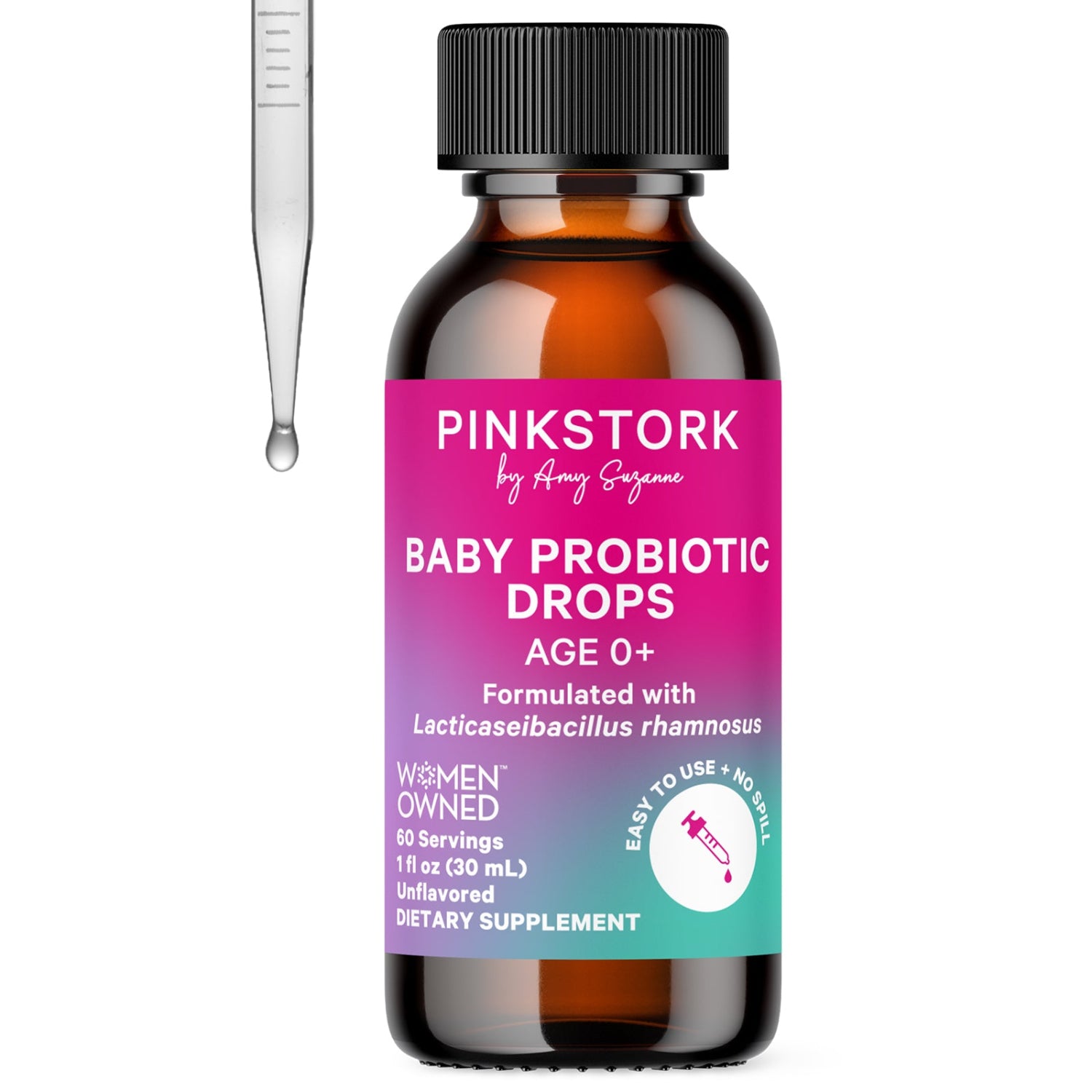 Pink Stork baby probiotic drops bottle with dropper on a white background