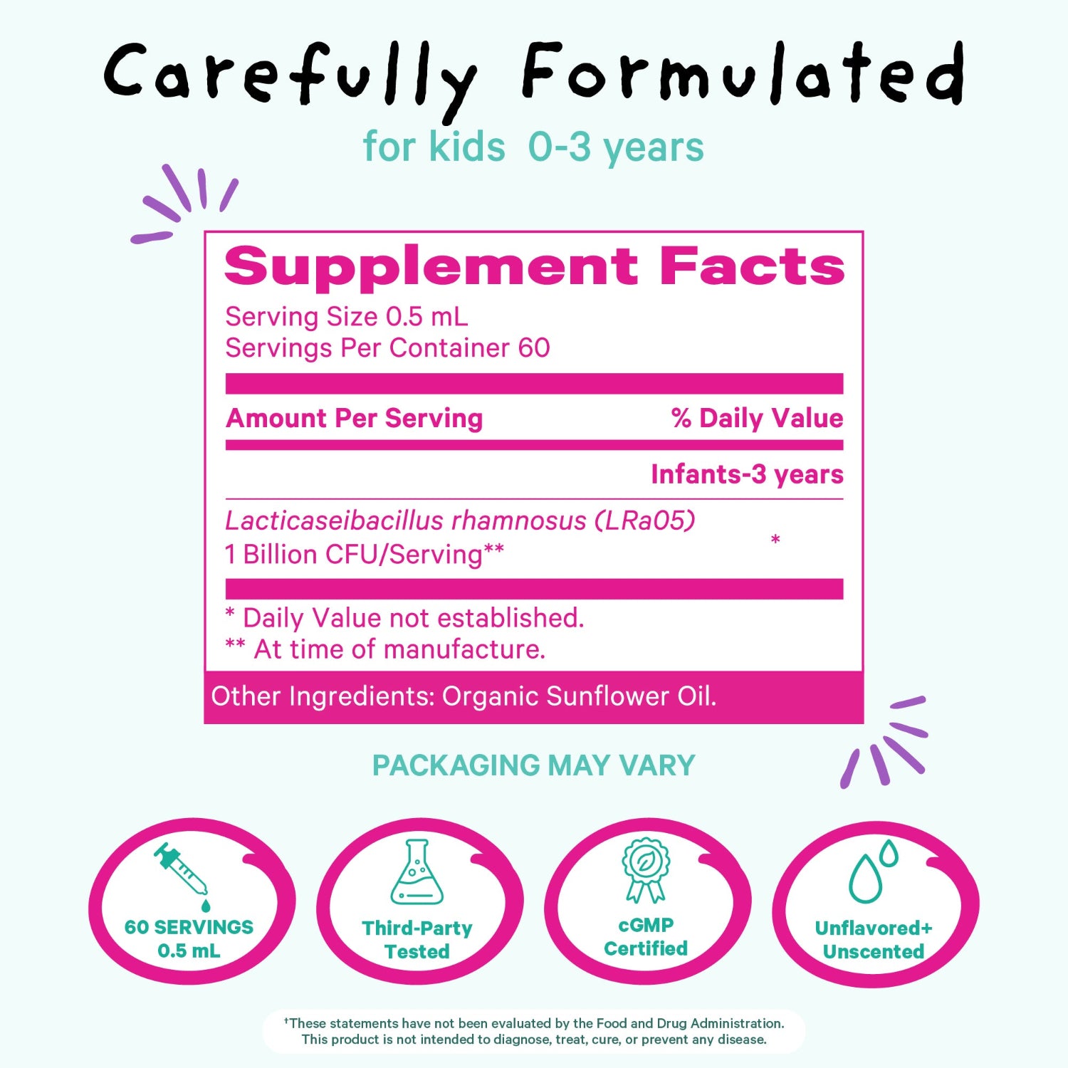 Supplement facts label for a product formulated for children aged 0-3 years, with pink and white color scheme.