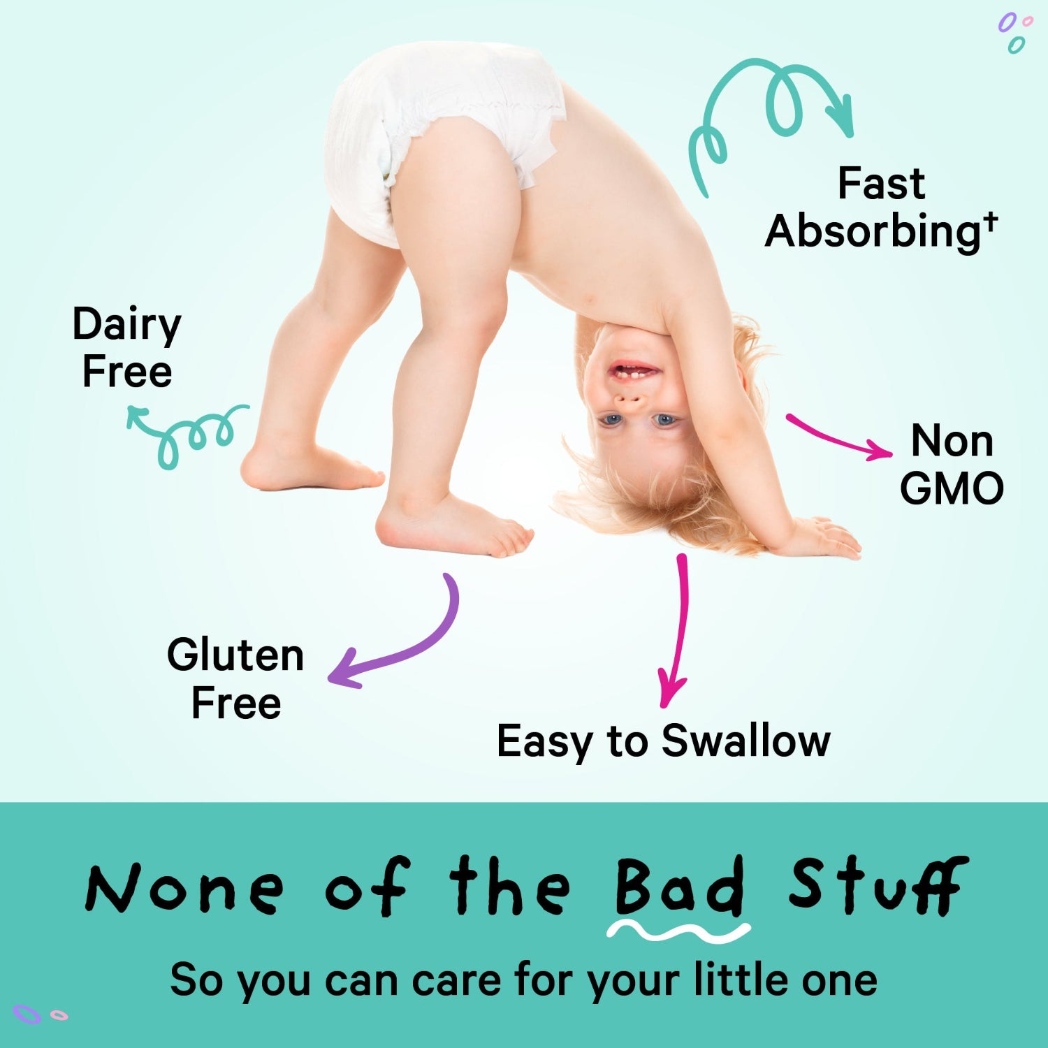 Child in a diaper with text highlighting features like dairy-free, gluten-free, fast-absorbing, non-GMO, and easy-to-swallow.