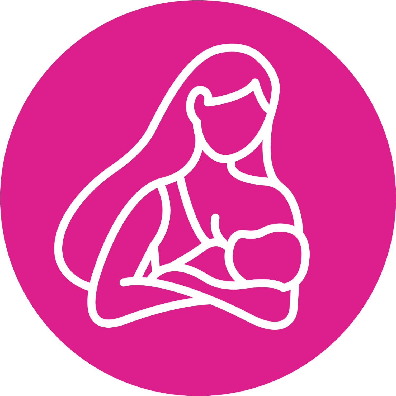 White outline of a woman breastfeeding on a pink circle background