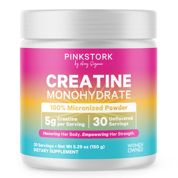 Pink Stork Creatine Monohydrate powder container with colorful label on a white background