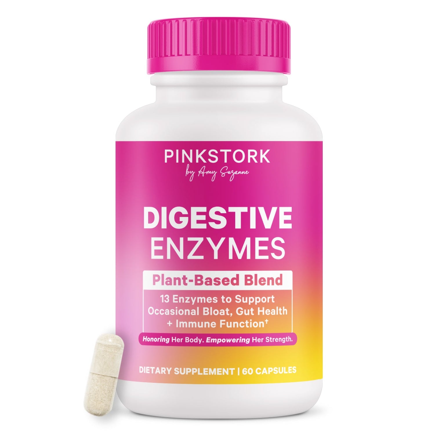 Pink Stork Digestive Enzymes supplement bottle with pink cap on a white background