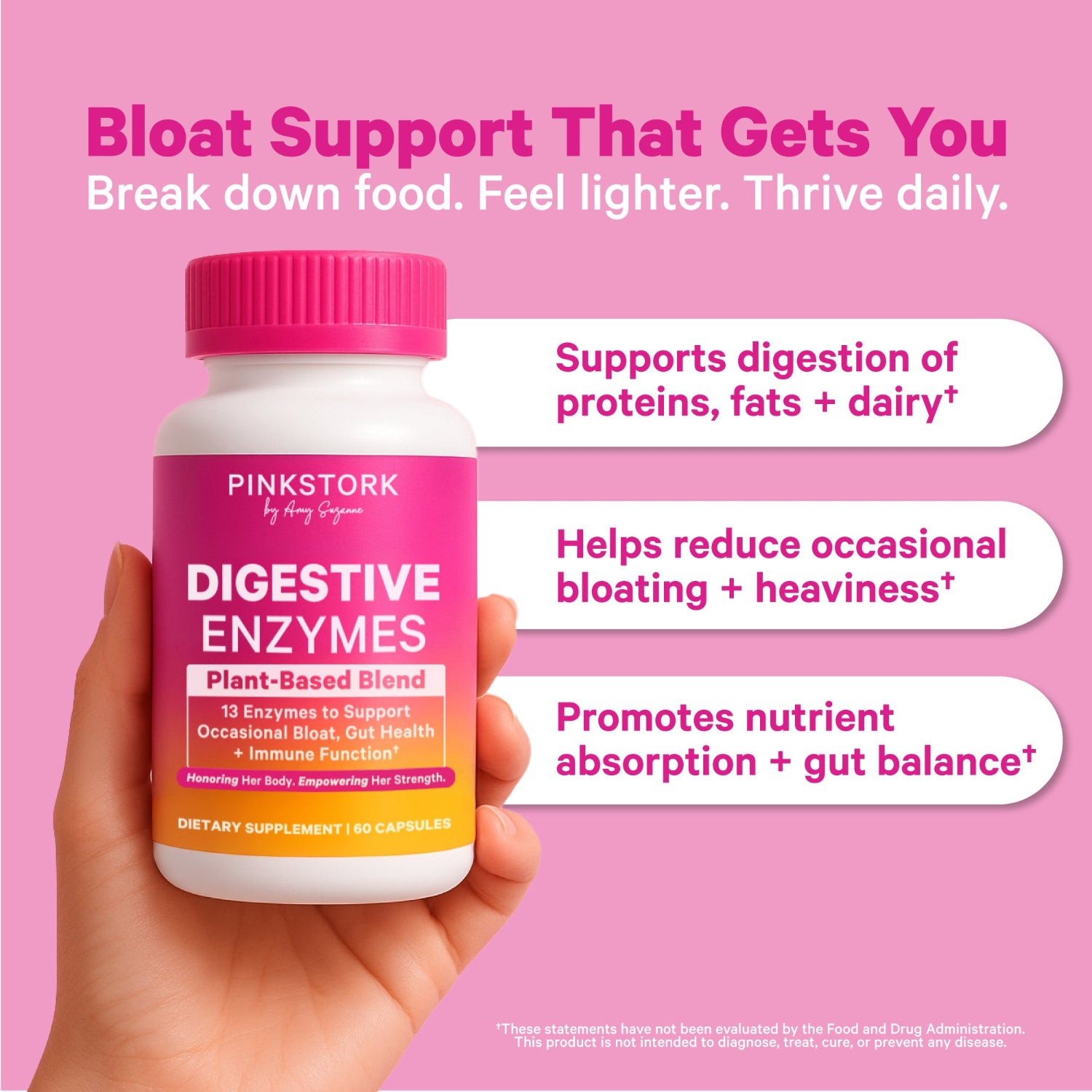 Pink Stork digestive enzymes supplement bottle held by a hand on a pink background