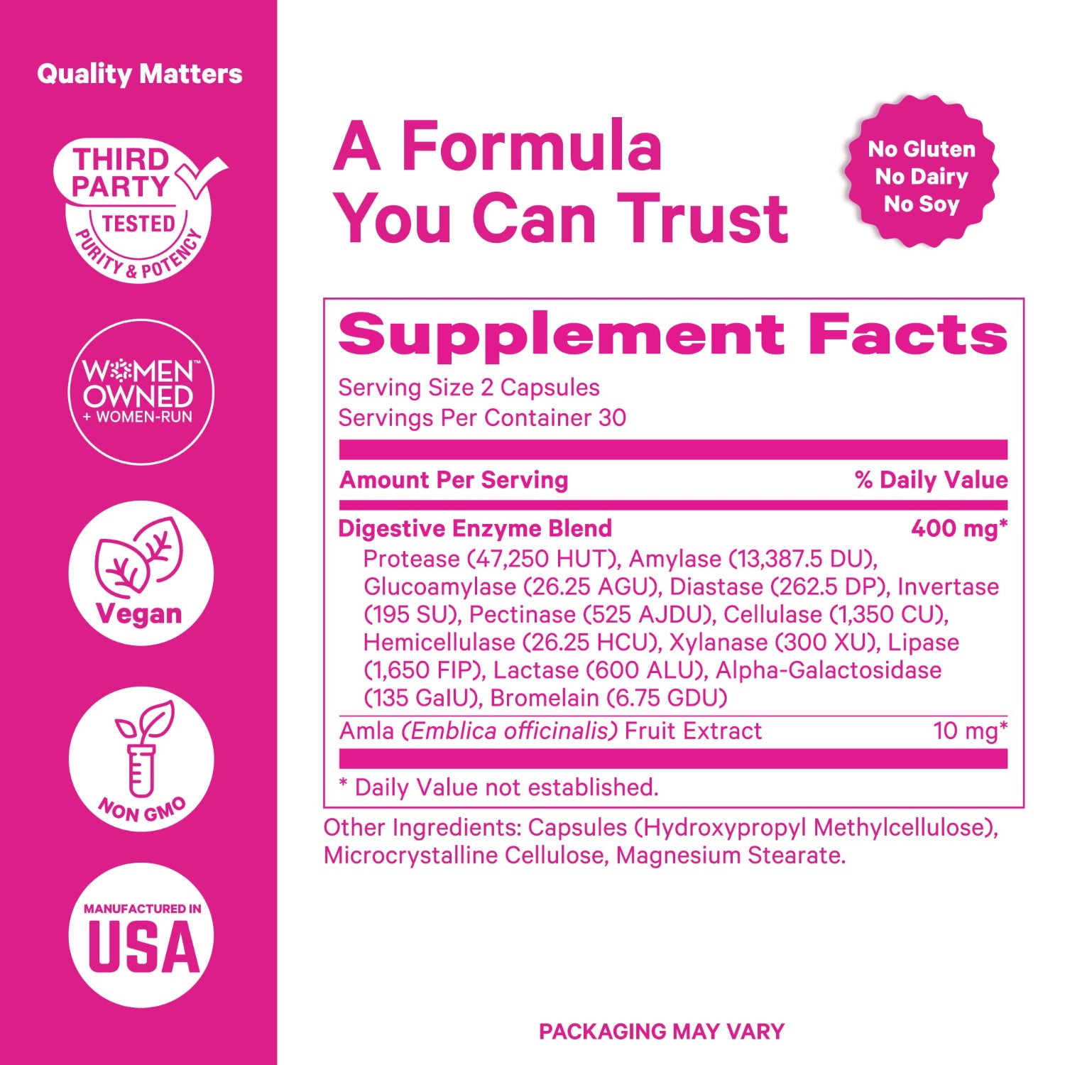 Supplement label with pink background and white text, featuring supplement facts and certification icons.