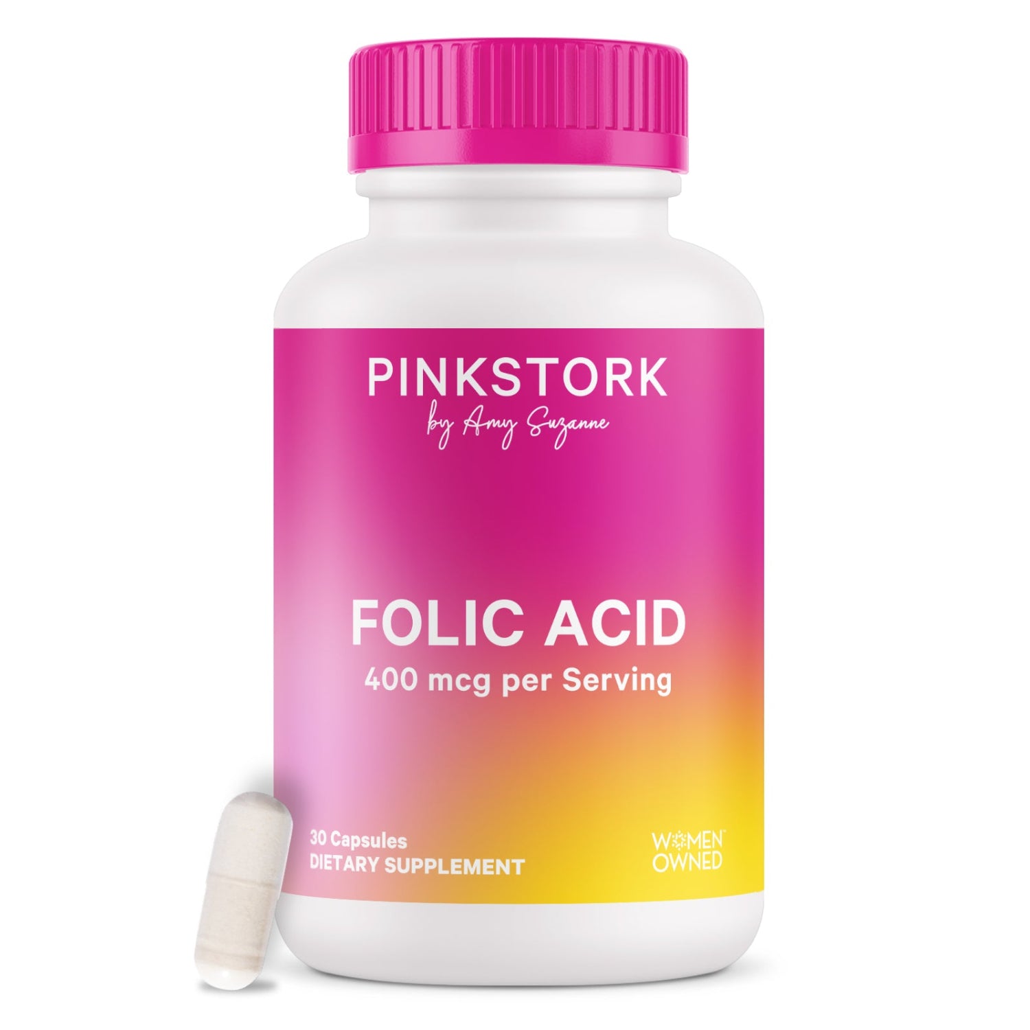 Front image of a folic acid supplement bottle