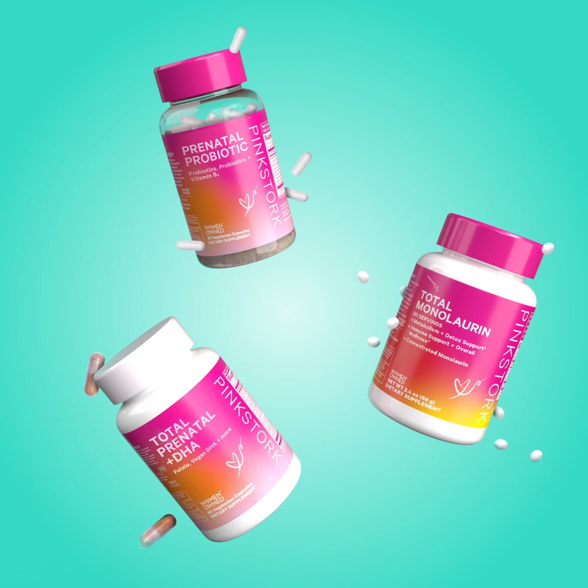 3 Pill bottles with PinkStork labels floating on a teal background