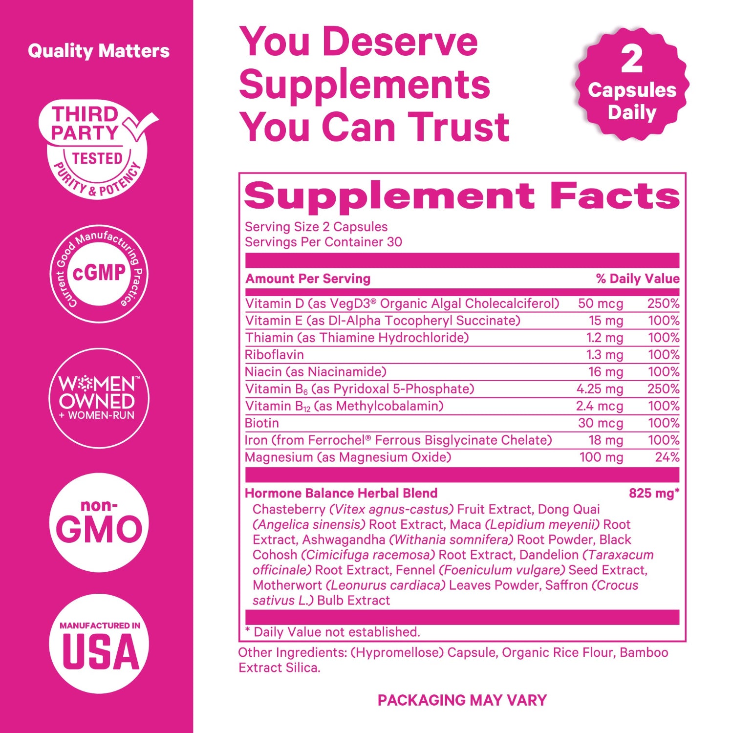 Supplement label with pink and white design, featuring supplement facts and quality assurance information.