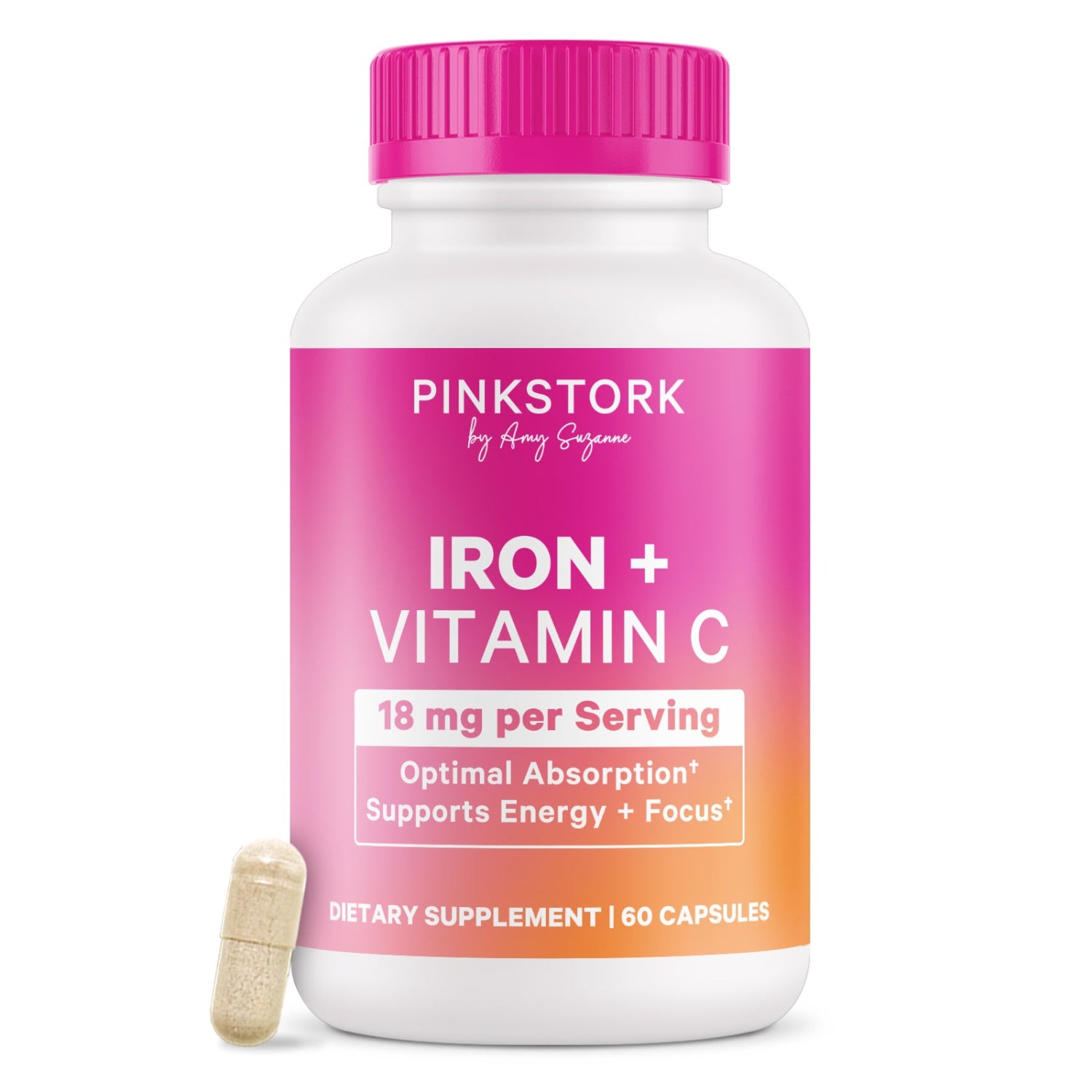 Bottle of Pink Stork Iron + Vitamin C supplement with a pink cap on a white background