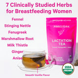 Pouch of Pink Stork Lactation Tea Smooth Vanilla with tea sachets to the left and a cup of tea with a sachet brewing on the right. 7 clinically studied herbs for breastfeeding women. USDA organic.