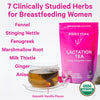 Pouch of Pink Stork Lactation Tea Smooth Vanilla with tea sachets to the left and a cup of tea with a sachet brewing on the right. 7 clinically studied herbs for breastfeeding women. USDA organic.