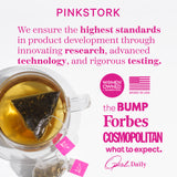 Overhead look at a cup of tea with a sachet next to it. List of press that Pink Stork has been featured in.