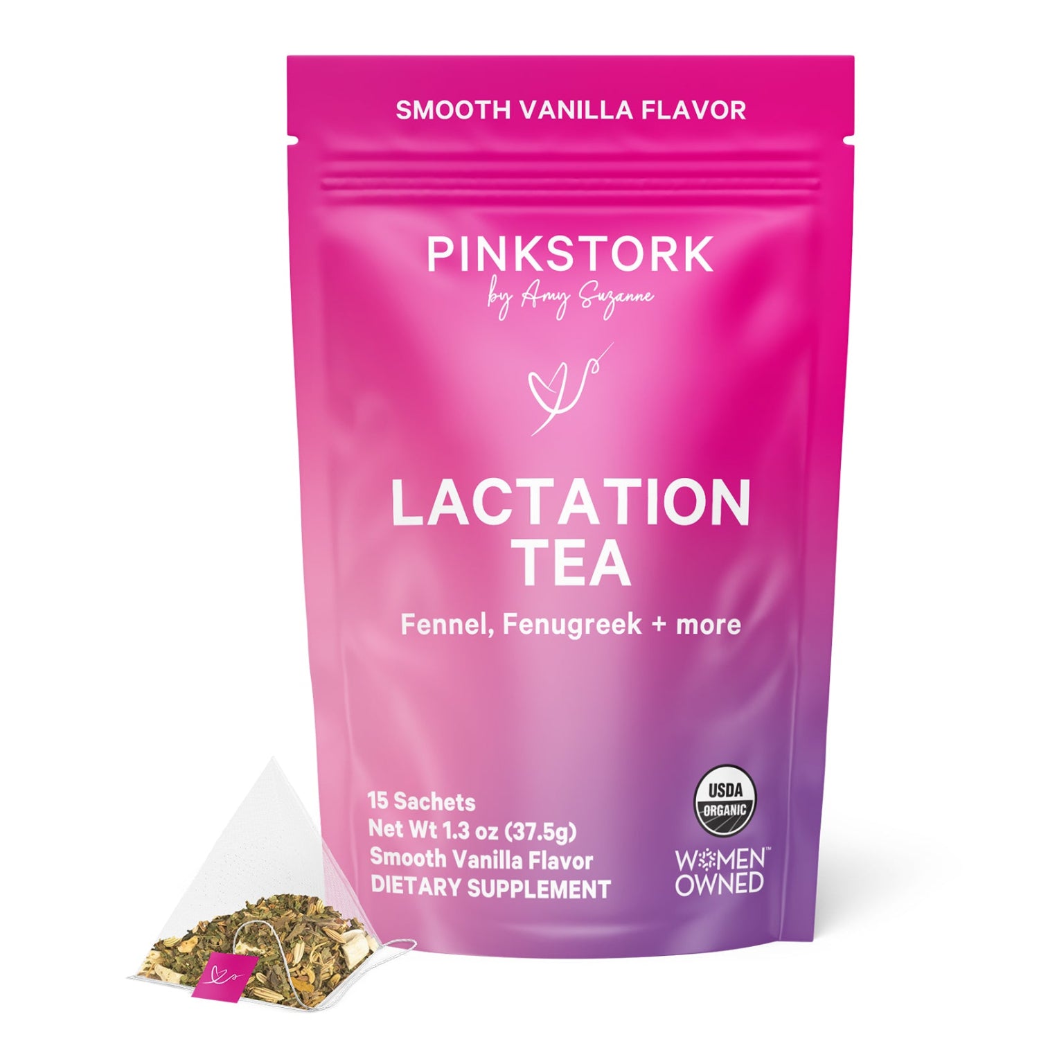 Pink Stork lactation tea package with a small bag of tea leaves on a white background