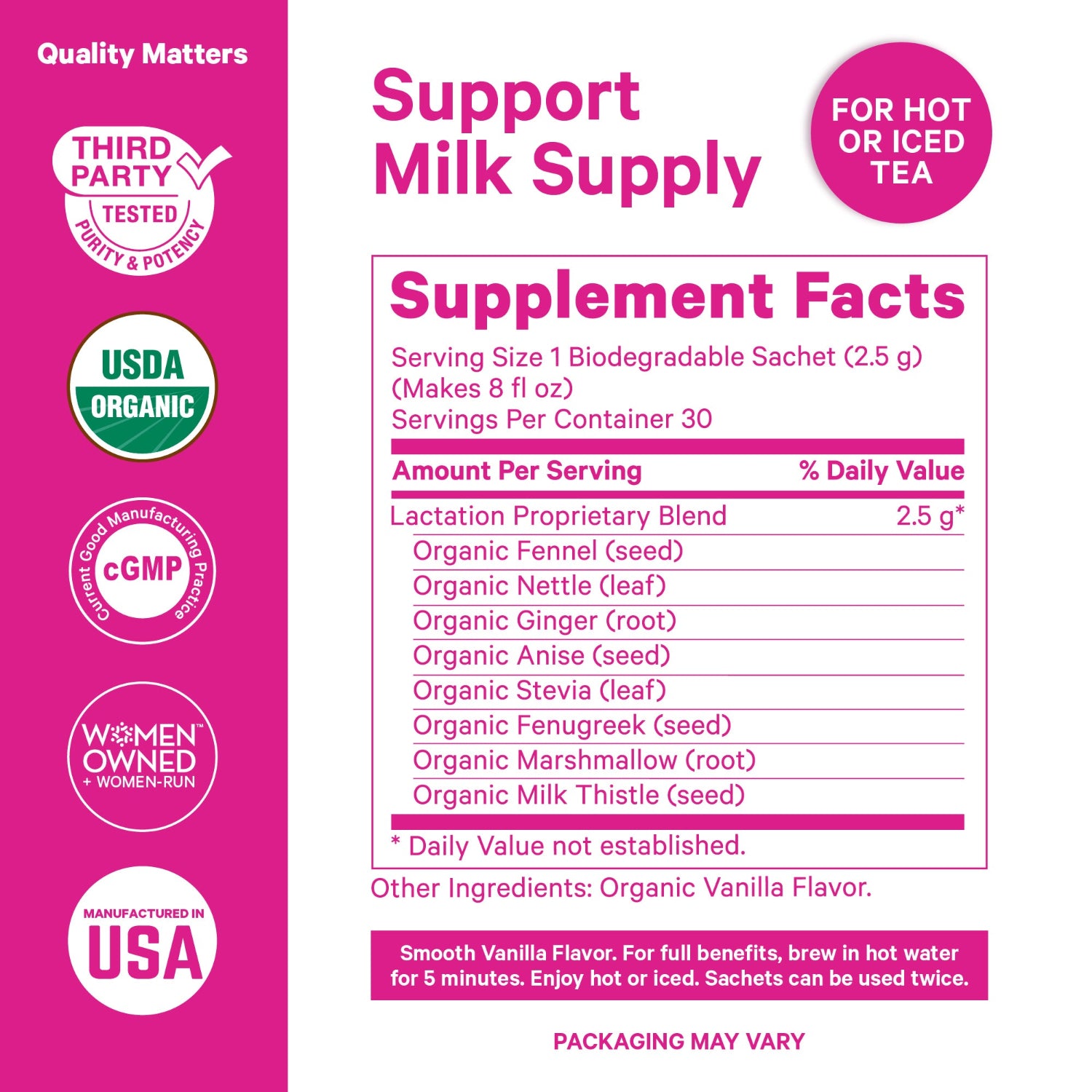 Supplement facts label for a milk supply support product on a pink background