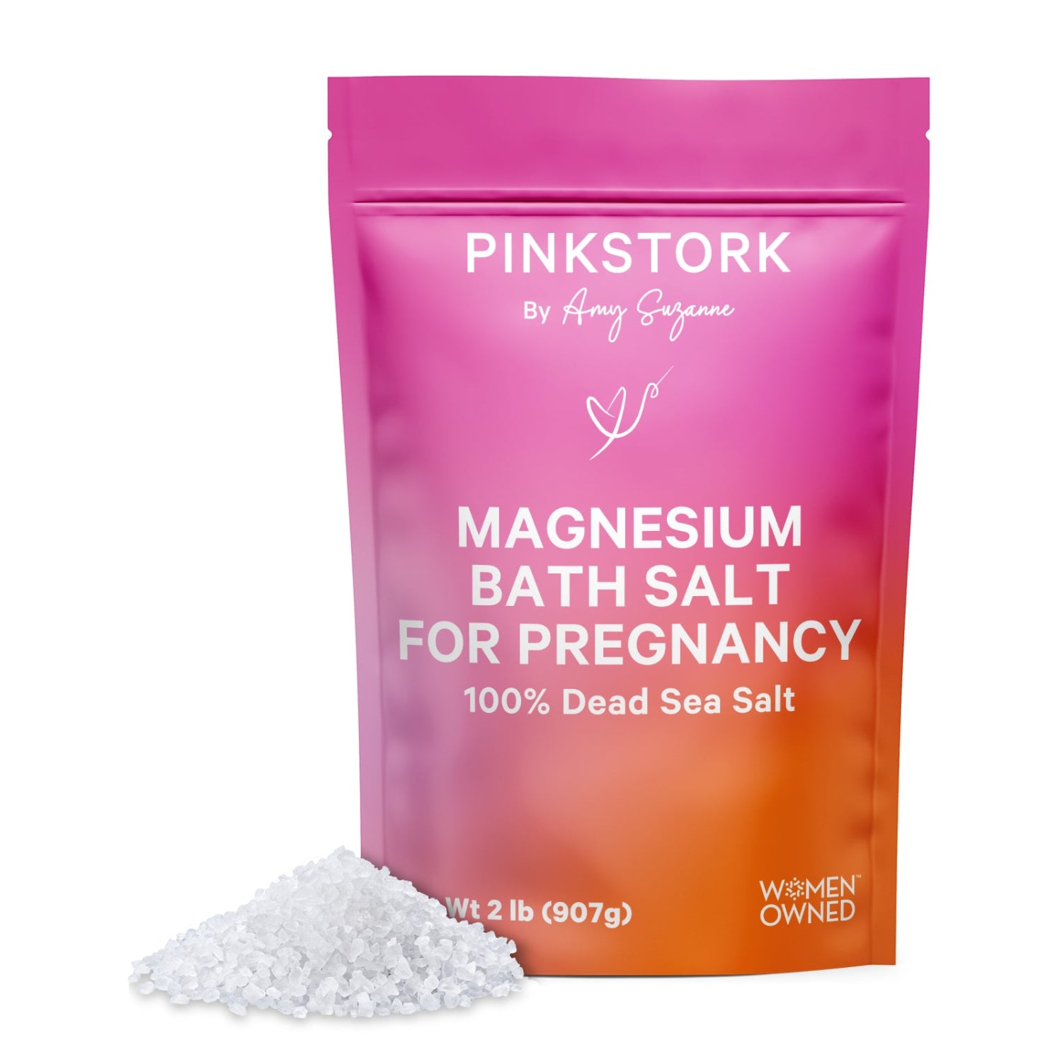 Pink Stork magnesium bath salt for pregnancy packaging with white bath salts in front