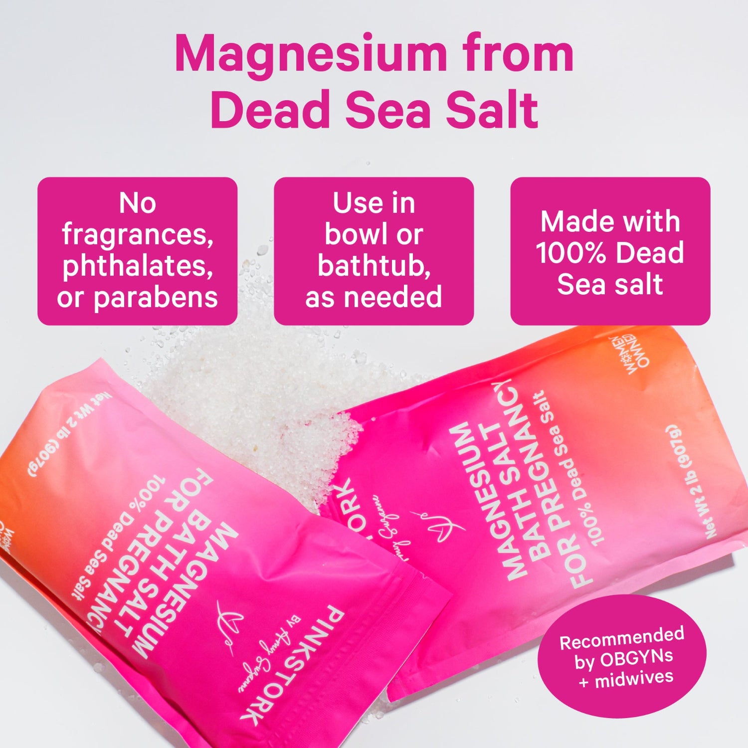 Pink packaging of magnesium bath salt for pregnant women with text highlighting benefits on a white background.