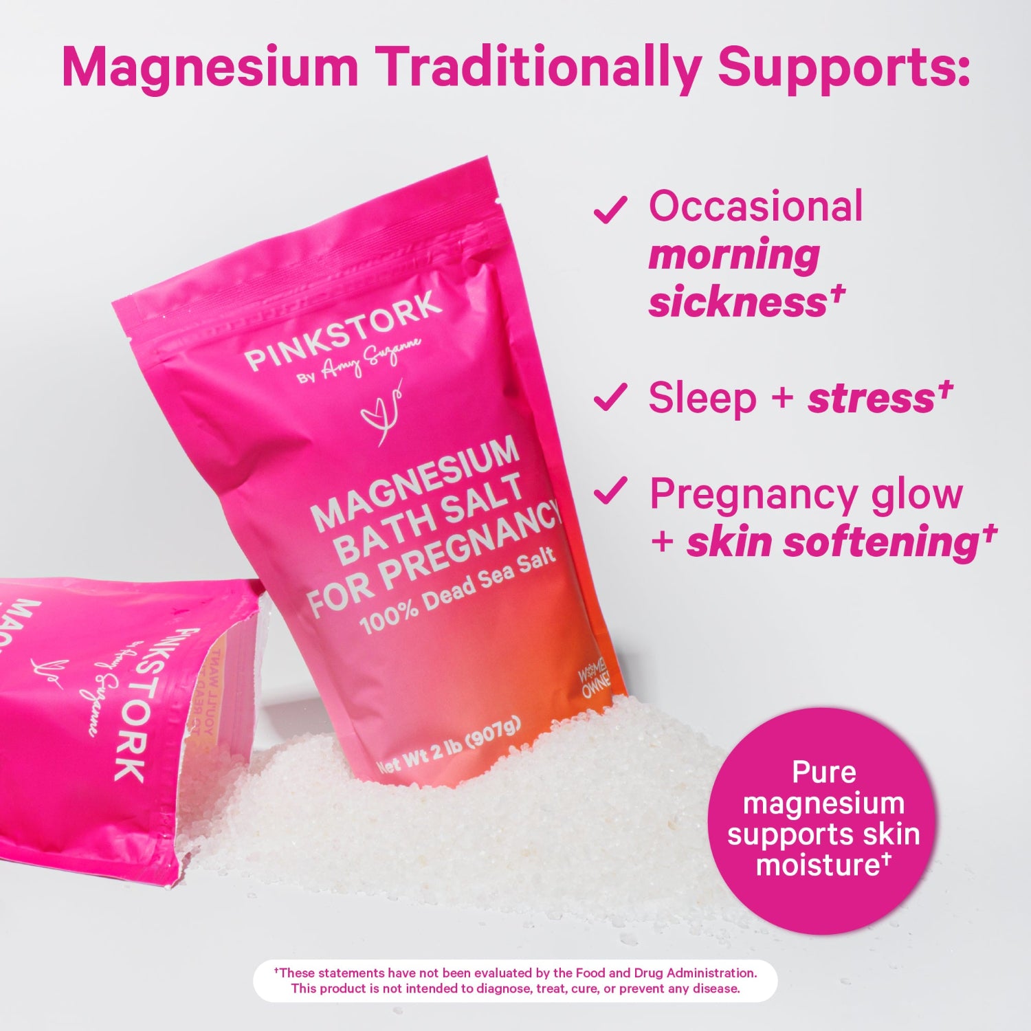 Pink packaging of Pink Stork magnesium bath salt for pregnancy with text on a white background